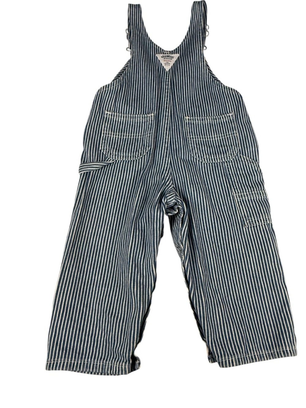 OshKosh B'Gosh Train Conductor Blue White Hickory Stripe Overalls 18M Hat 2T-4T - Picture 3 of 11